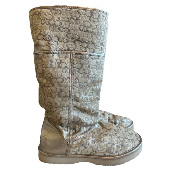 Coach Women’s Size 6B Boots Logo Silver Nikole Mid Calf Shearling Signature - Picture 1 of 16